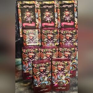 11 EMPTY ED HARDY HEARTS & DAGGERS PERFUME BOTTLES & 3 EXCELLENT CONDITION BOXES